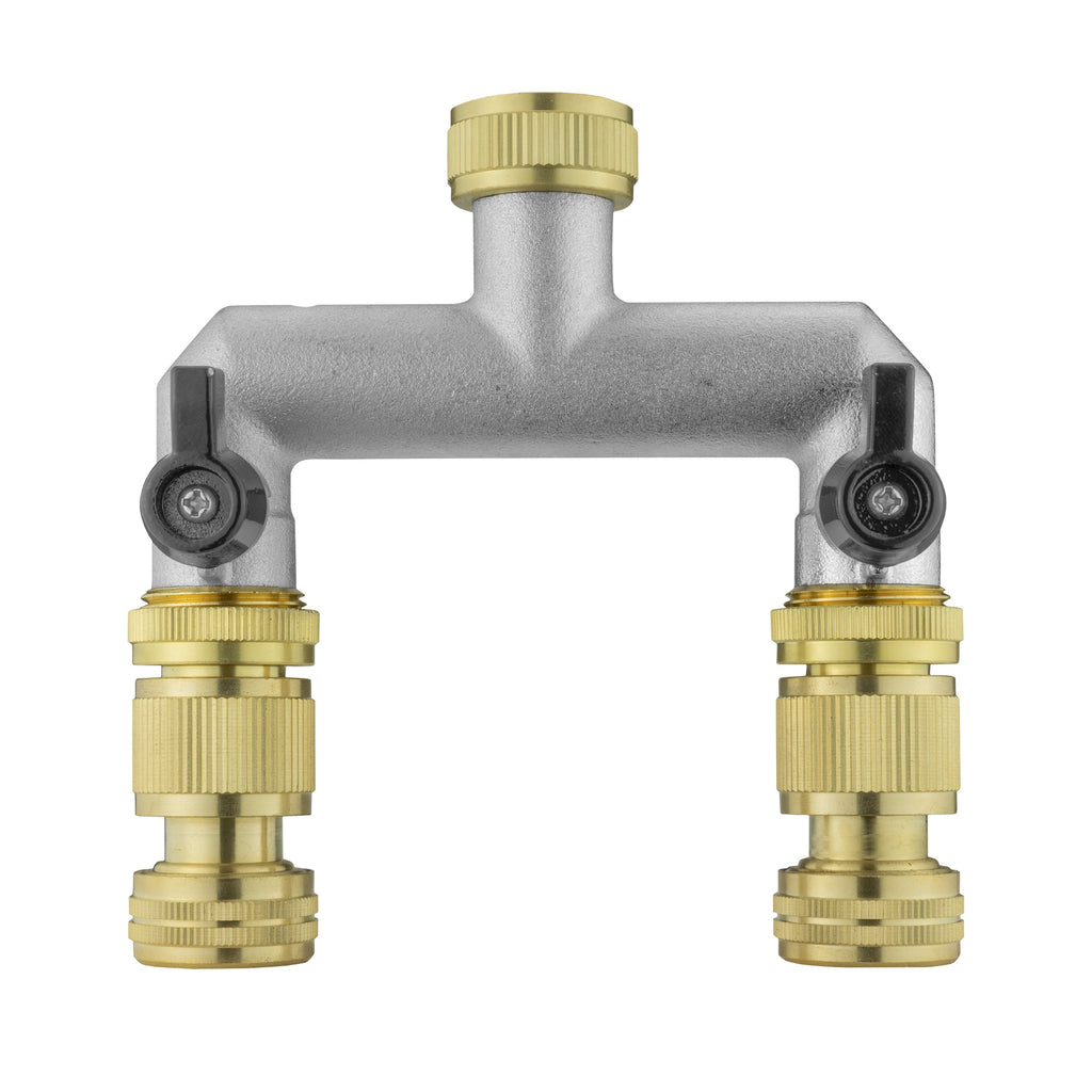 Two Way Tap Splitter Brass 3/4" BSP with Quick Connect and Hose Fittings