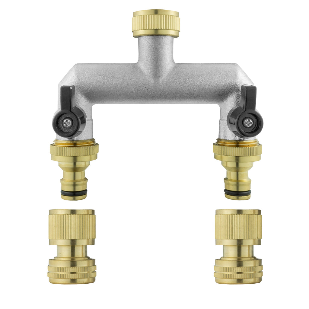 Two Way Tap Splitter Brass 3/4" BSP with Quick Connect and Hose Fittings
