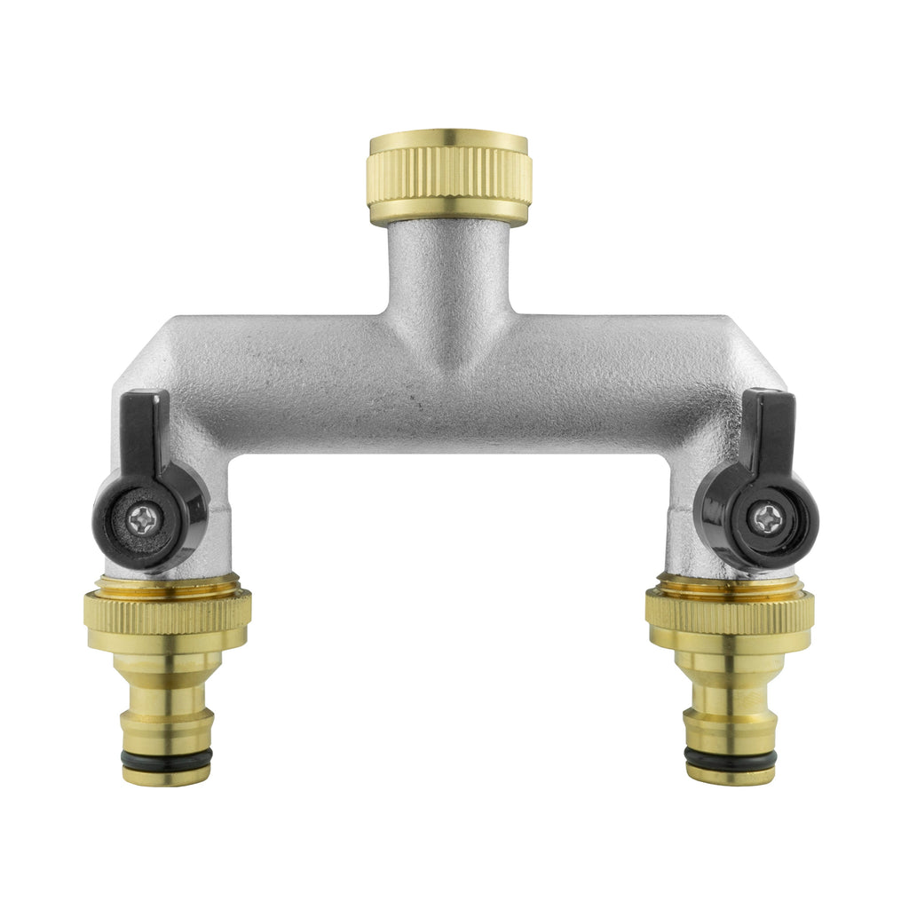 Two Way Tap Splitter Brass 3/4" BSP with Quick Connect and Hose Fittings